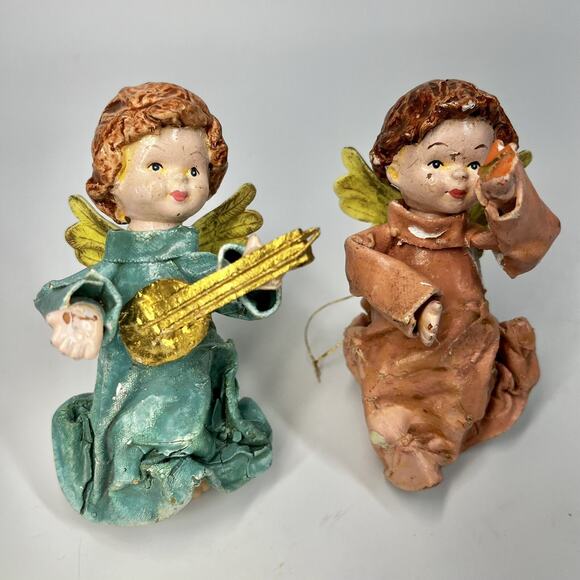 Unbranded Other - 2 Vintage Angel Fabric MACHE Figurine w/ Mandolin Christmas Ornament Italy